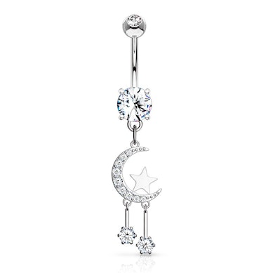 Piercing para el ombligo con medialuna y estrellas colgantes