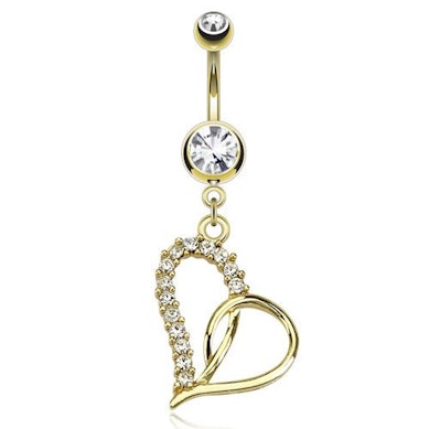 Piercing para el ombligo chapado en oro con corazón y brillantes blancos