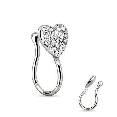 Piercing falso clip-on para la nariz con corazón de brillantes