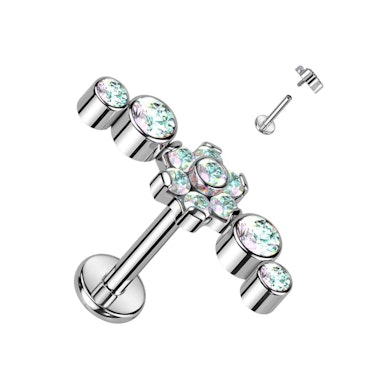 Labret de titanio con flor central y piedras circonitas