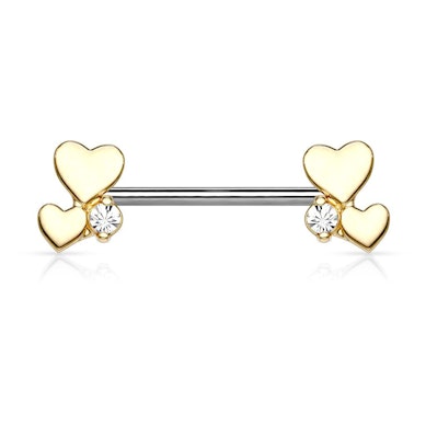 Piercing para el pezón con dos corazones y brillante en cada punta