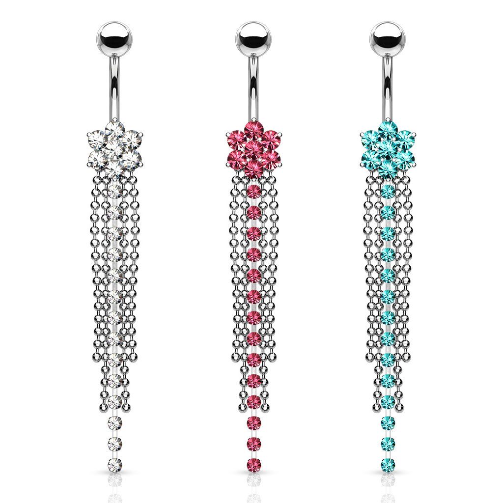 Piercing para el ombligo con flor y colgante con cadenas