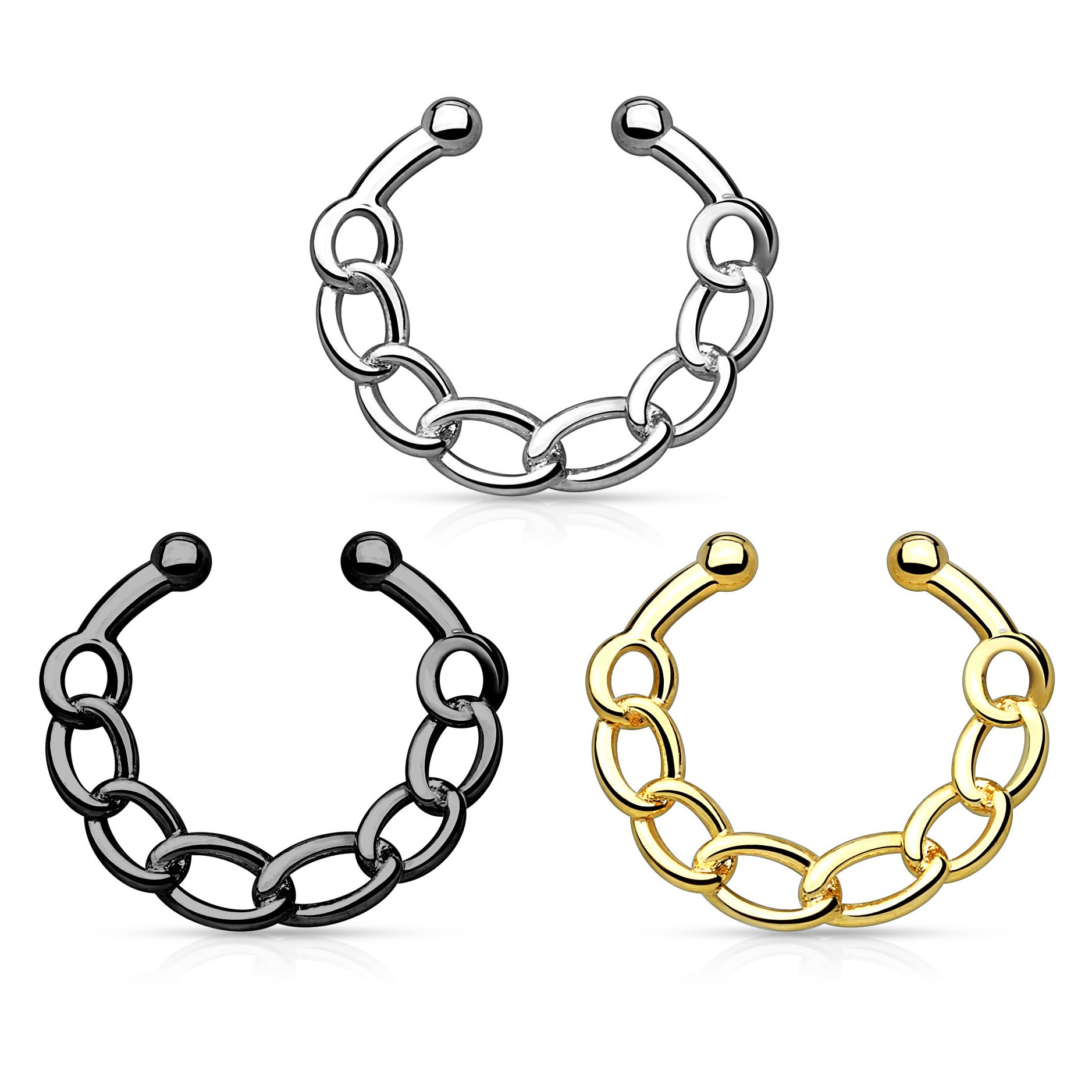 Fake piercing clip-on para el septum con cadena