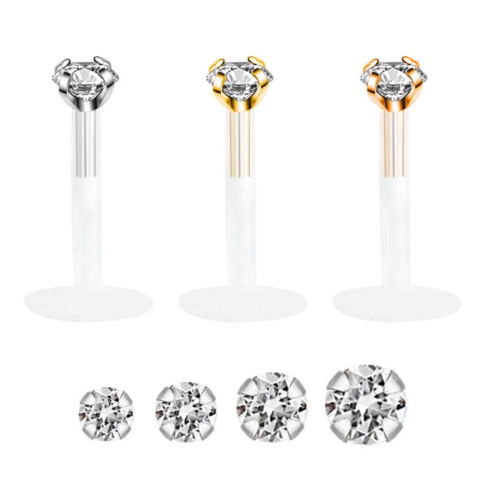 Labret en oro de 14 quilates con brillante redondo y barra de ptfe