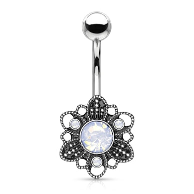 Piercing para el ombligo con flor añejada y opalitas