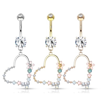 Piercing para el ombligo con colgante de corazón empedrado con opalitas.