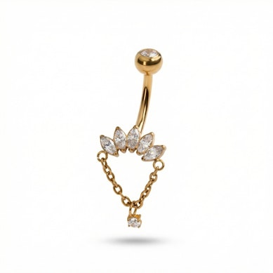 Barra para ombligo de titanio con piedras corte marquesa y cadena colgante