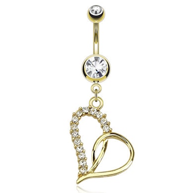 Piercing para el ombligo chapado en oro con corazón y brillantes blancos