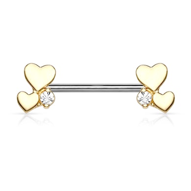 Piercing para el pezón con dos corazones y brillante en cada punta