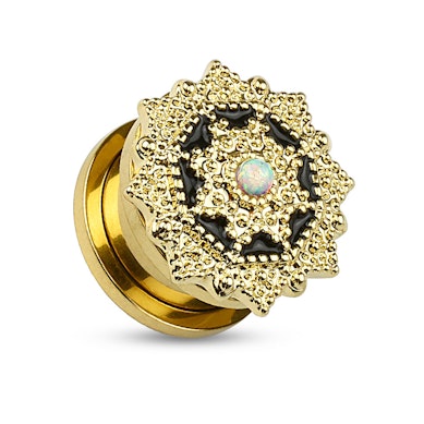 Plug con detalles y flor de ópalo en la parte frontal