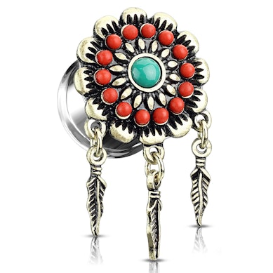 Plug con flor y plumas colgantes