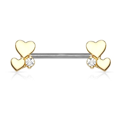 Piercing para el pezón con dos corazones y brillante en cada punta