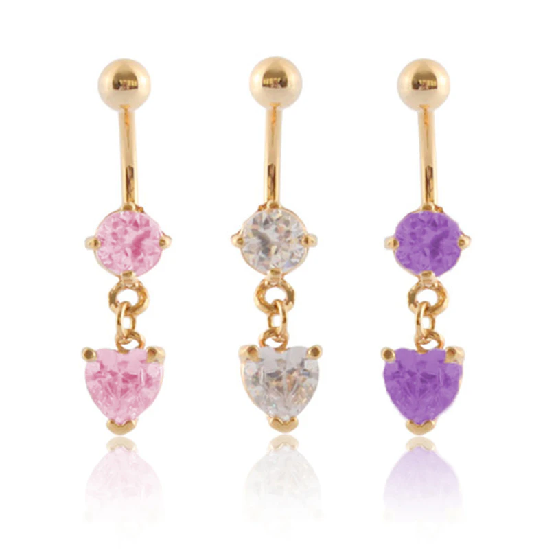 Piercing para el ombligo chapado en oro con colgante con un brillante en forma de corazón