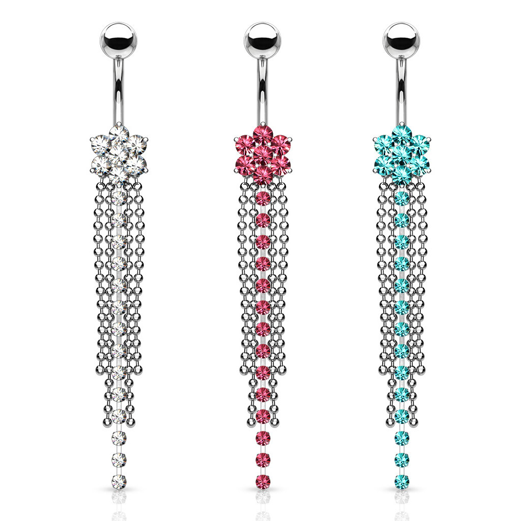Piercing para el ombligo con flor y colgante con cadenas