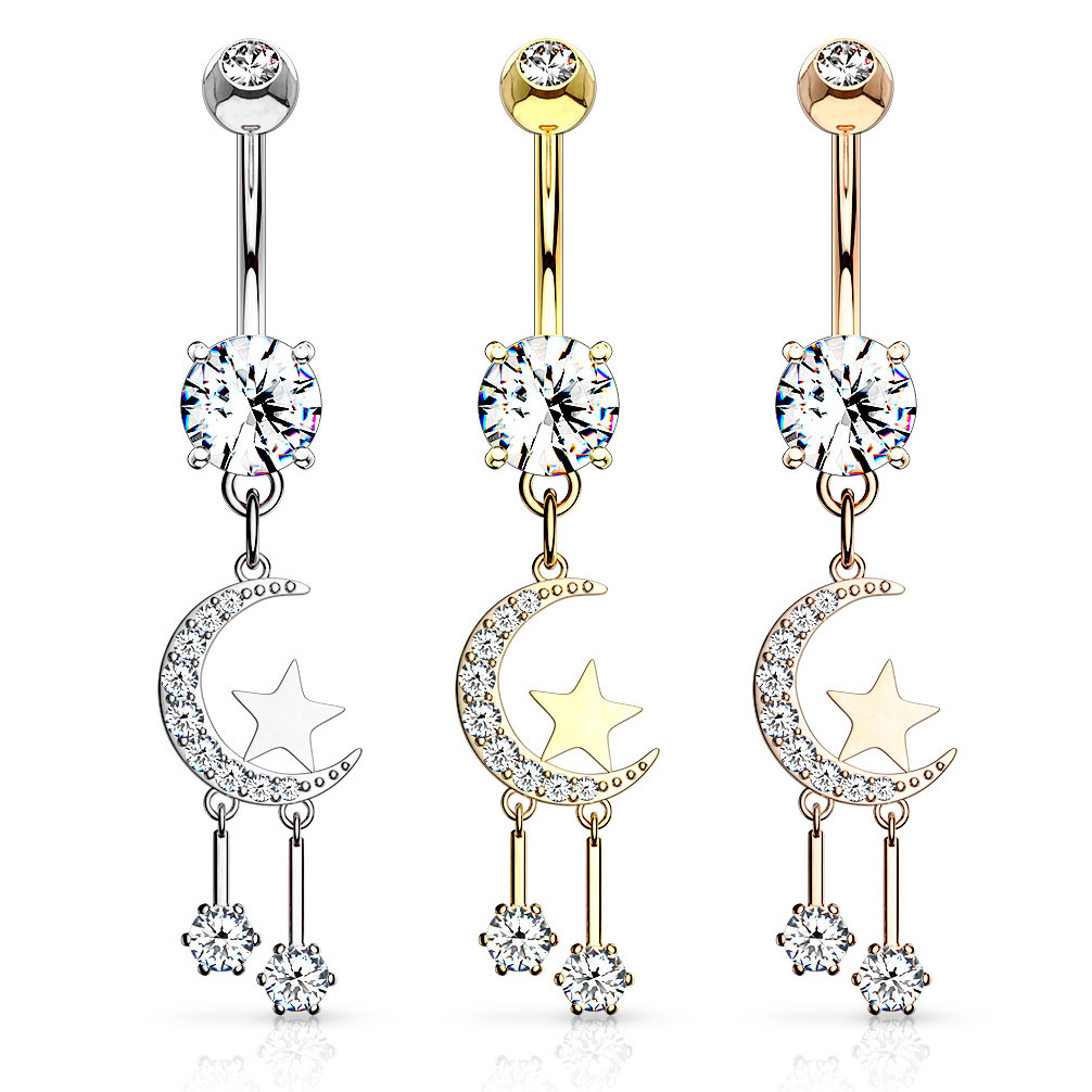 Piercing para el ombligo con medialuna y estrellas colgantes