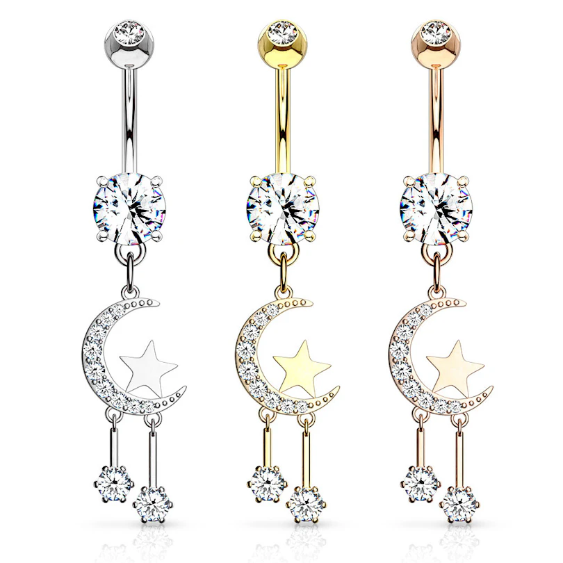Piercing para el ombligo con medialuna y estrellas colgantes