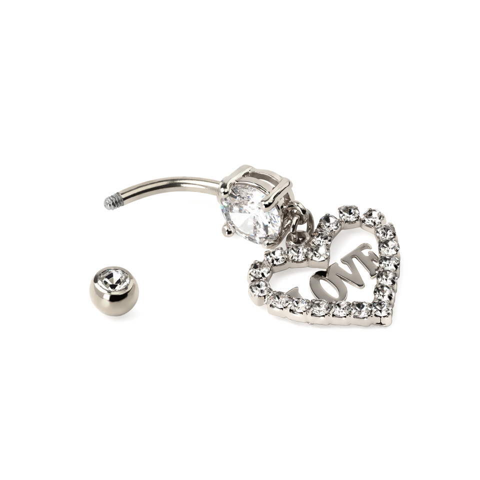 Joya para el ombligo con corazón de brillantes y la palabra love