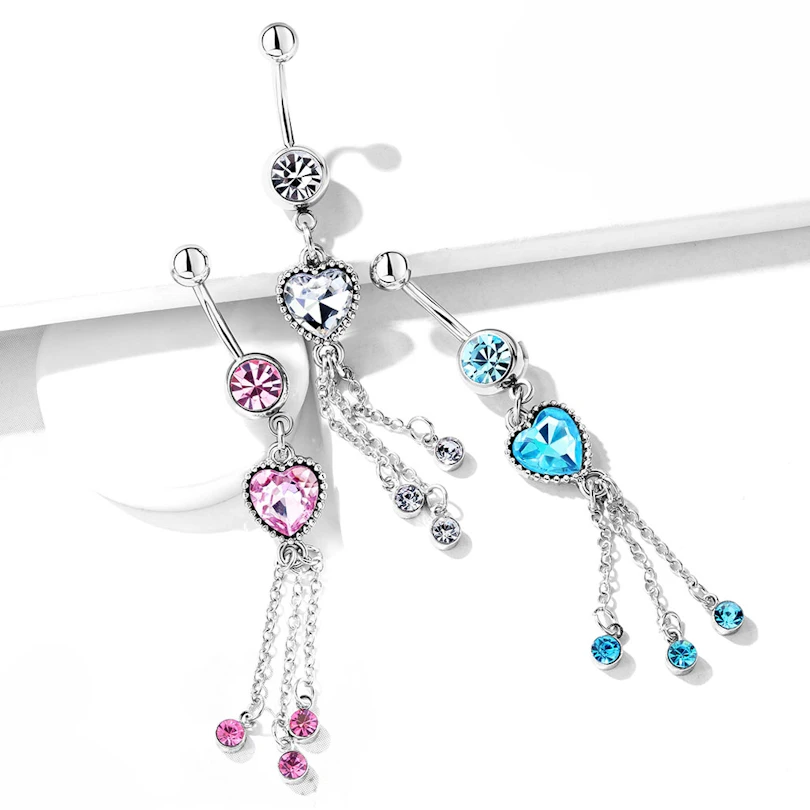 Piercing para el ombligo con brillante en forma de corazón y cadenas