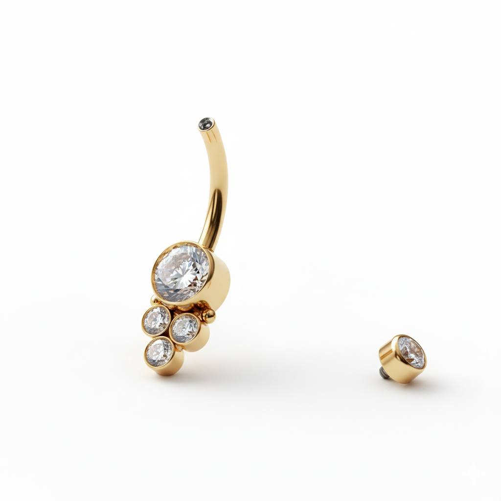 Barra de titanio para el ombligo con rosca interna y pedrería en racimo