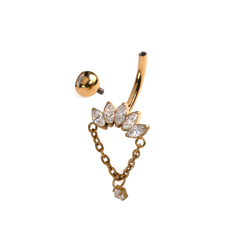 Barra para ombligo de titanio con piedras corte marquesa y cadena colgante