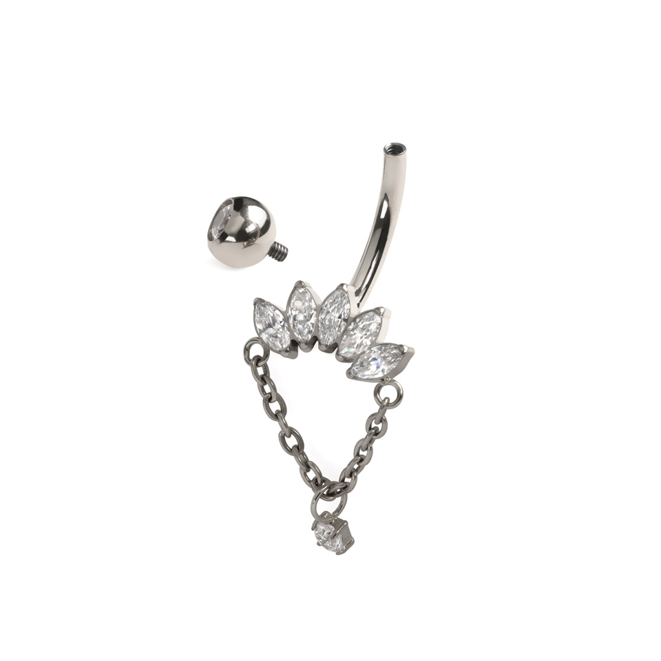 Barra para ombligo de titanio con piedras corte marquesa y cadena colgante