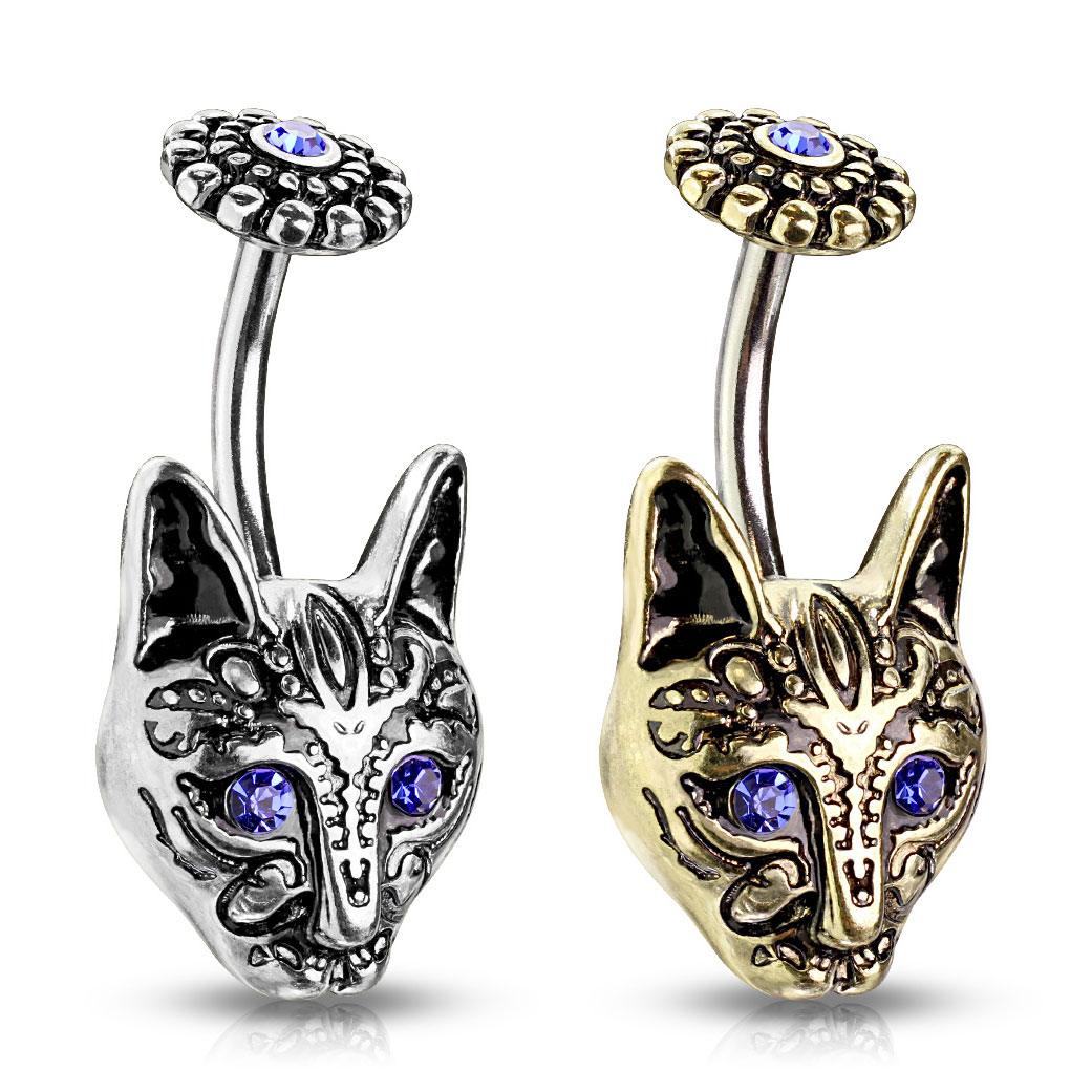 Piercing para el ombligo con gato tribal de ojos azules
