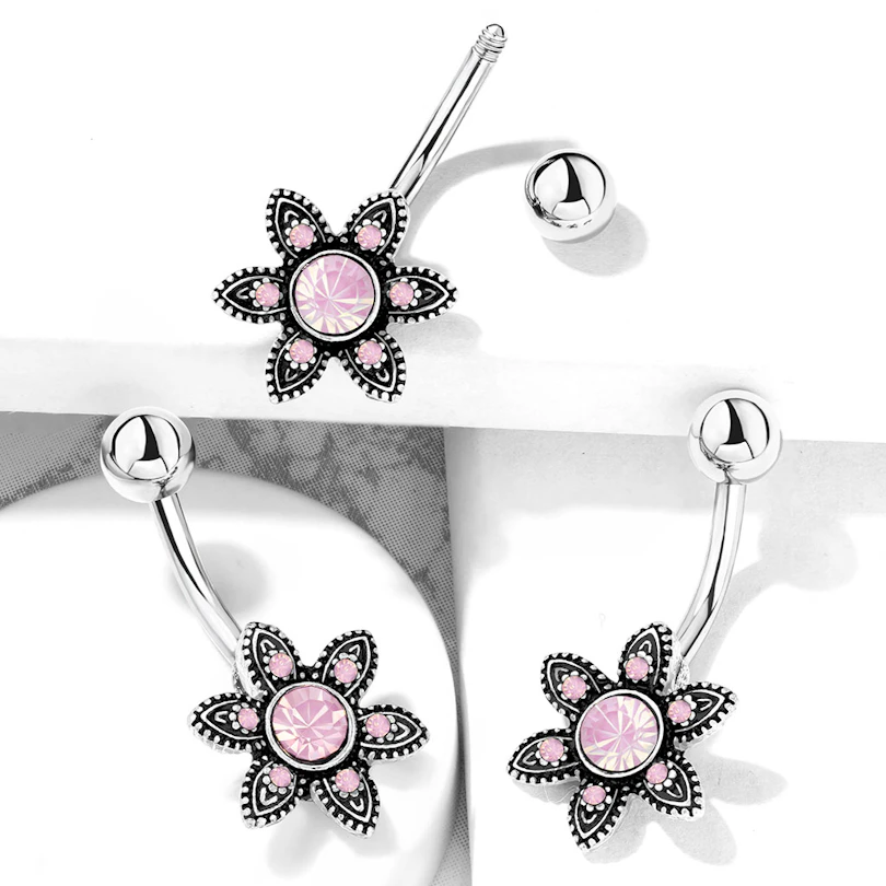 Piercing para el ombligo con flor y opalita redonda