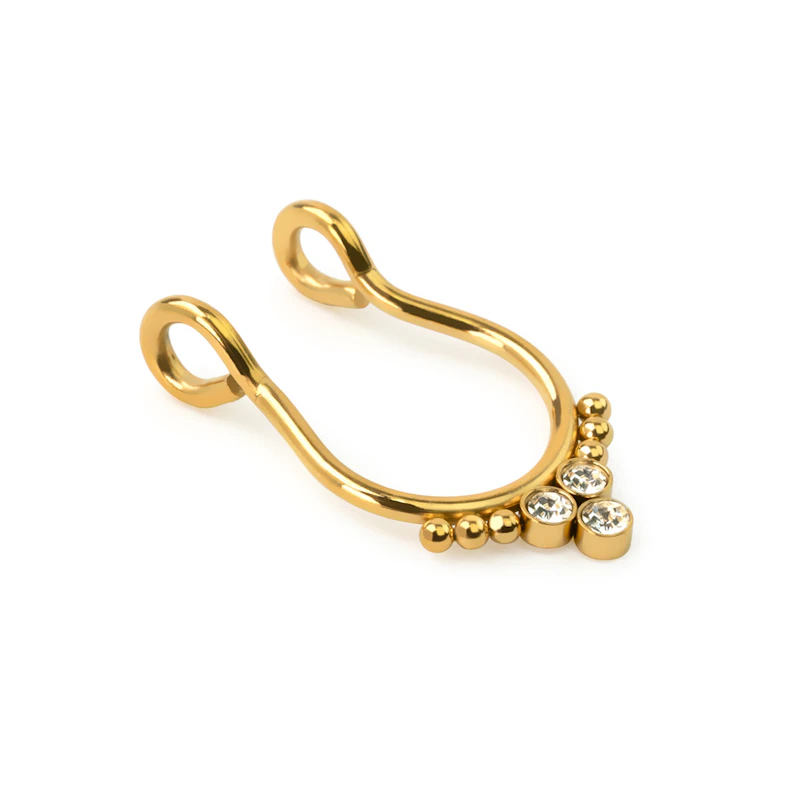 Aro falso para septum con tres brillantes y bolitas a cada lado