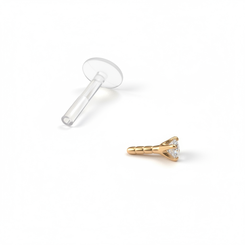 Labret en oro de 14 quilates con brillante redondo y barra de ptfe