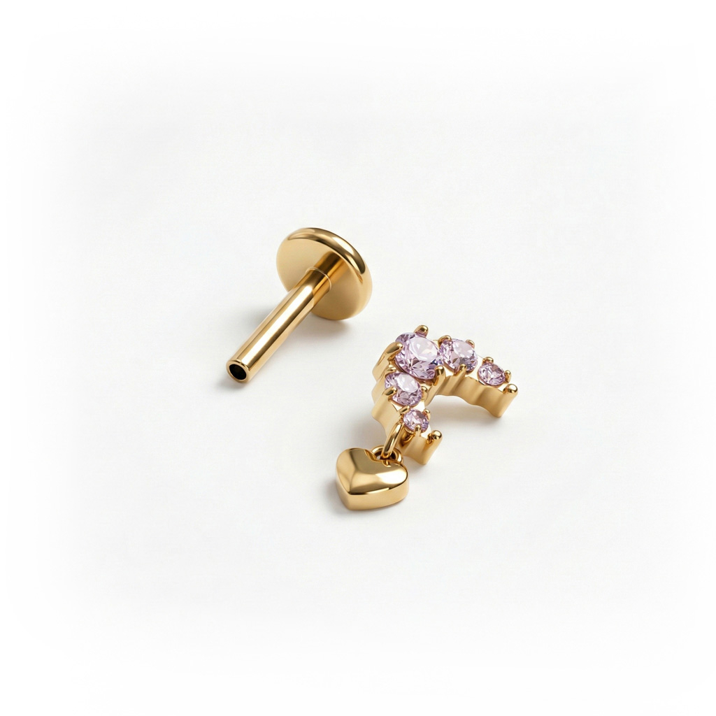 Labret luna de titanio con pedrería rosa