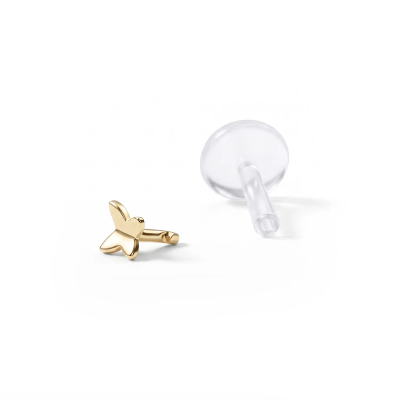 Labret con mariposa en oro de 14 quilates y barra de ptfe
