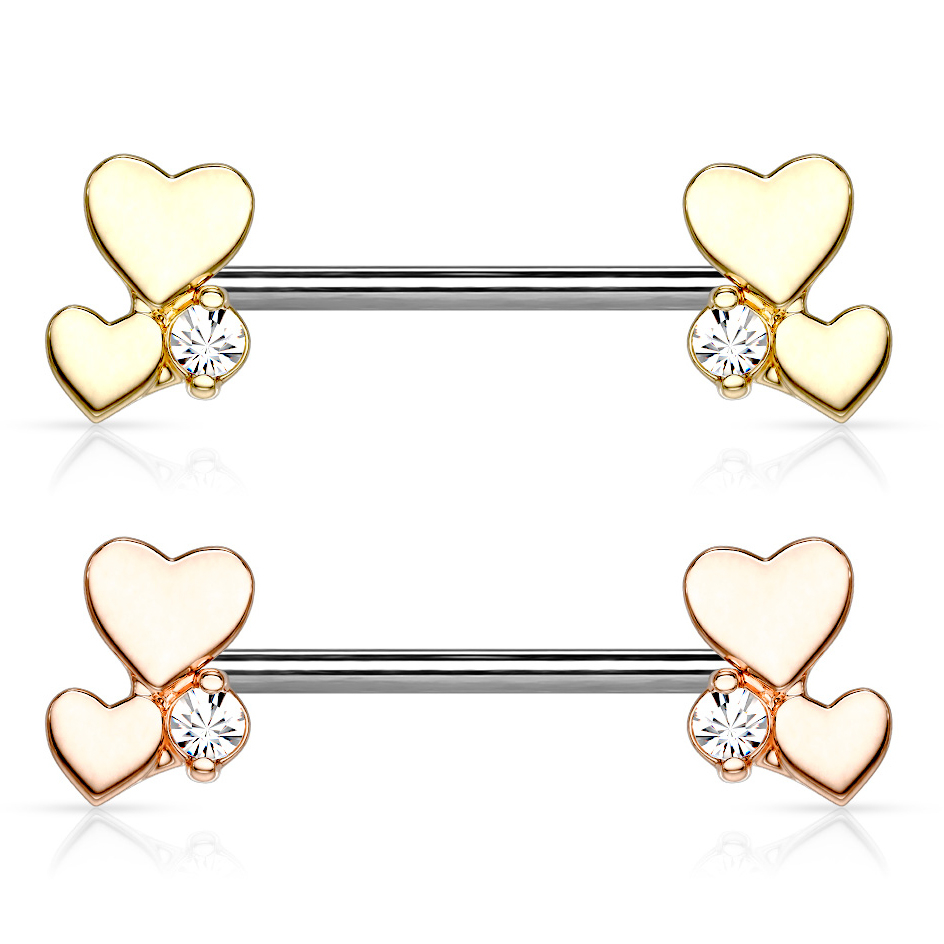 Piercing para el pezón con dos corazones y brillante en cada punta