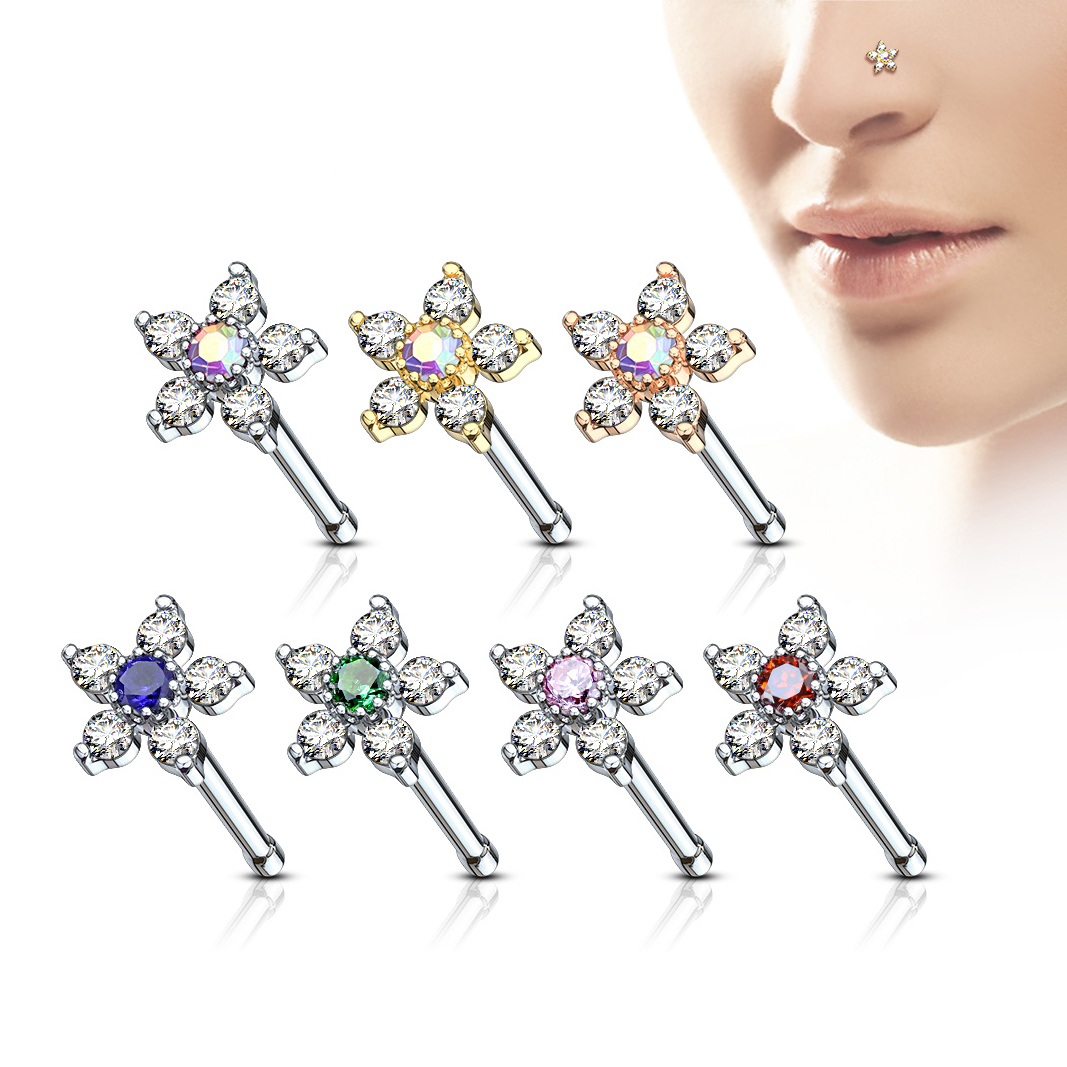 Barra para la nariz con flor de cinco pétalos de brillantes