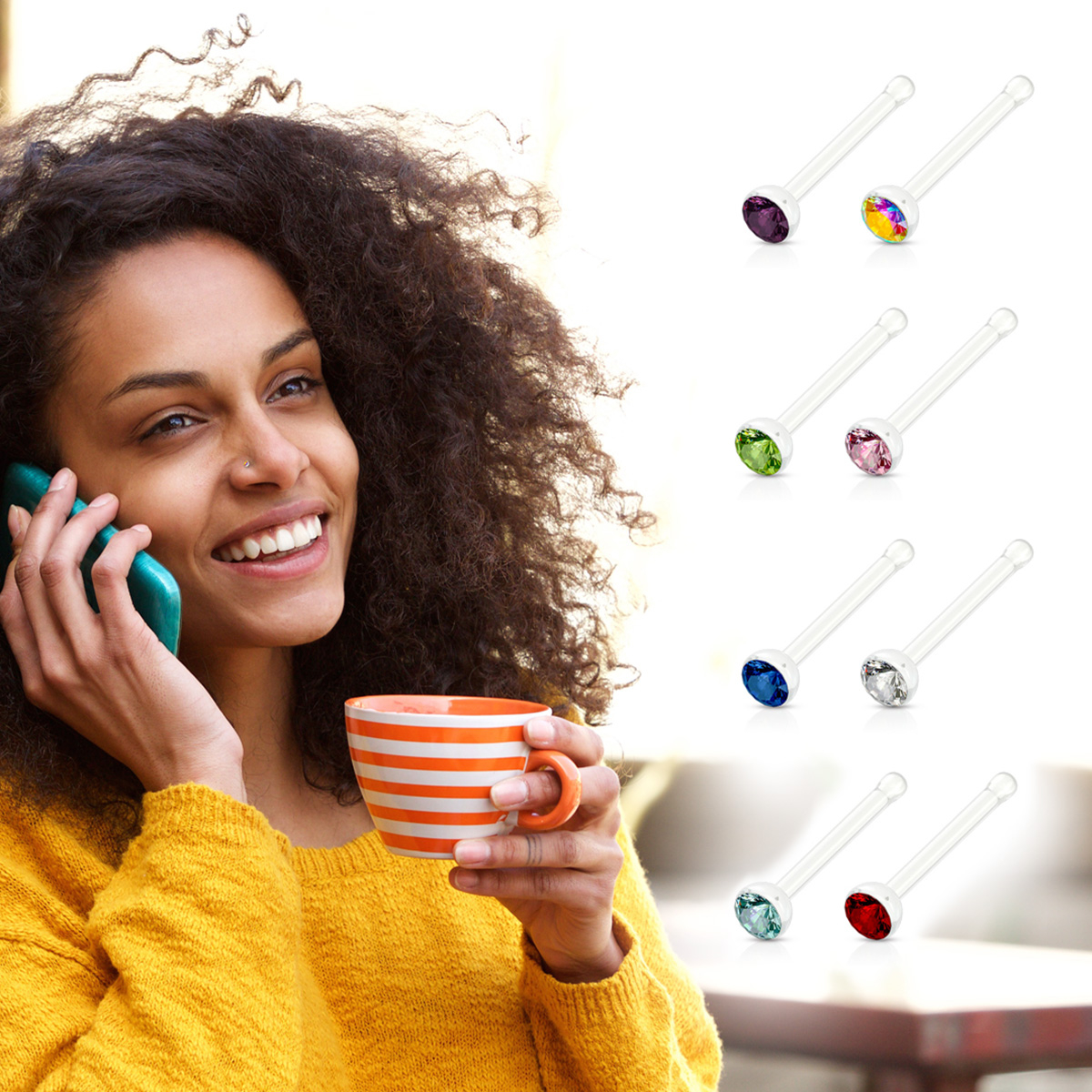 Pack de barras para la nariz de acrílico con circonita en 8 colores distintos