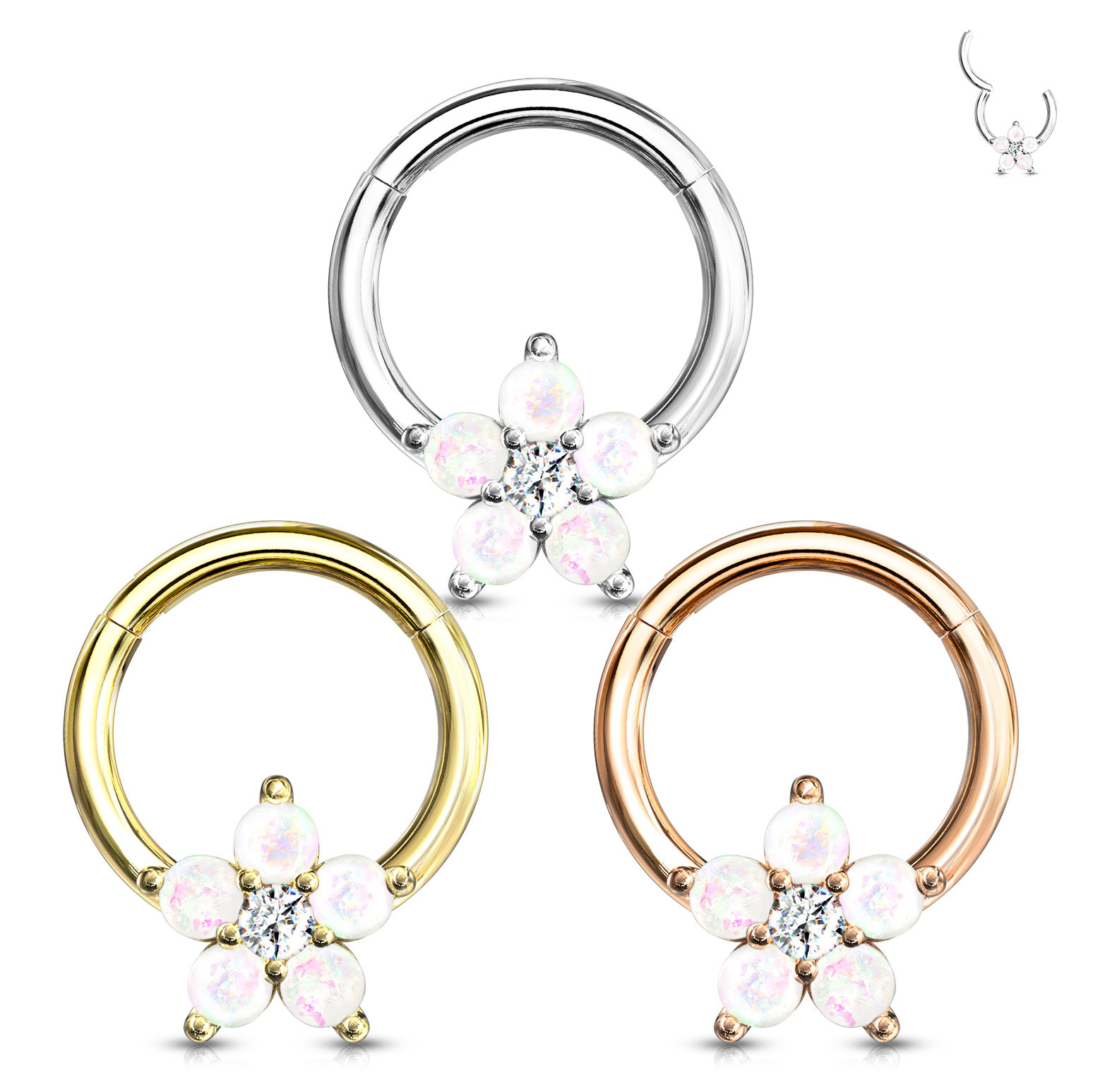 Aro con bisagra y flor de ópalos