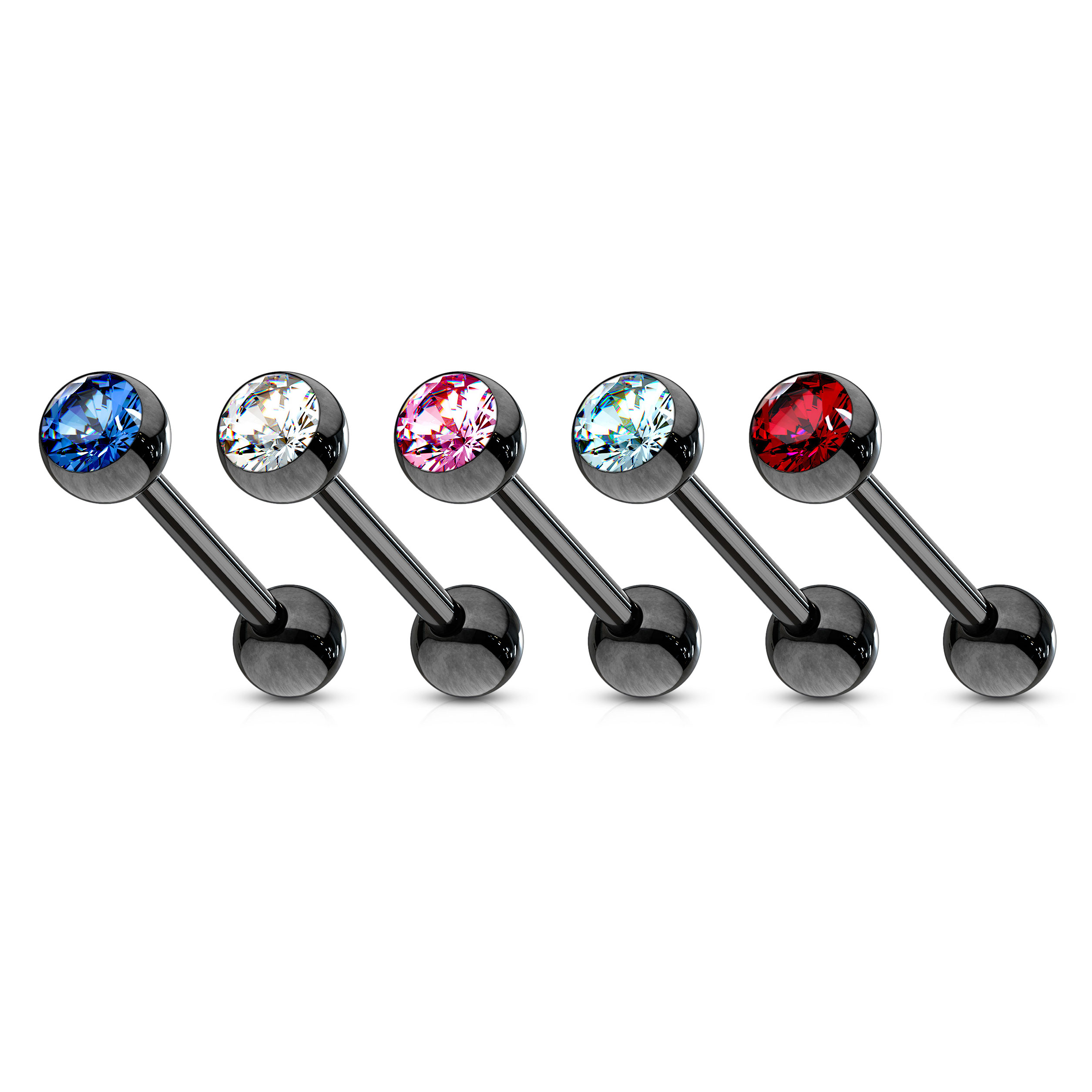 Piercing para la lengua de color negro con brillante en colores distintos