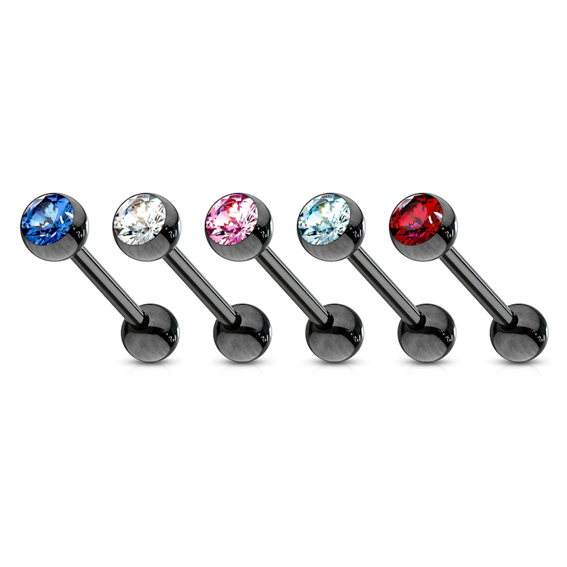 Piercing para la lengua de color negro con brillante en colores distintos