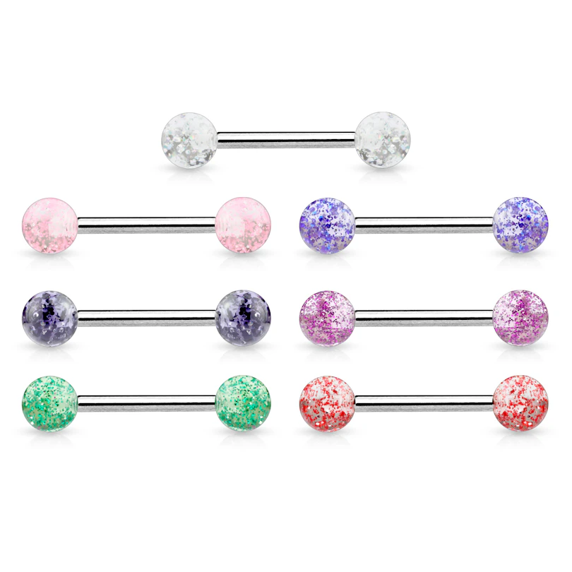 Piercing para la lengua en acero quirúrgico con bolas de acrílico de diferentes colores