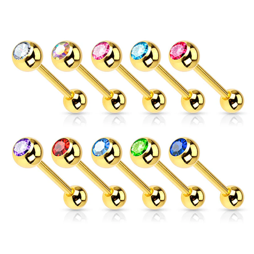 Piercing para la lengua chapado en oro con brillante de distintos colores