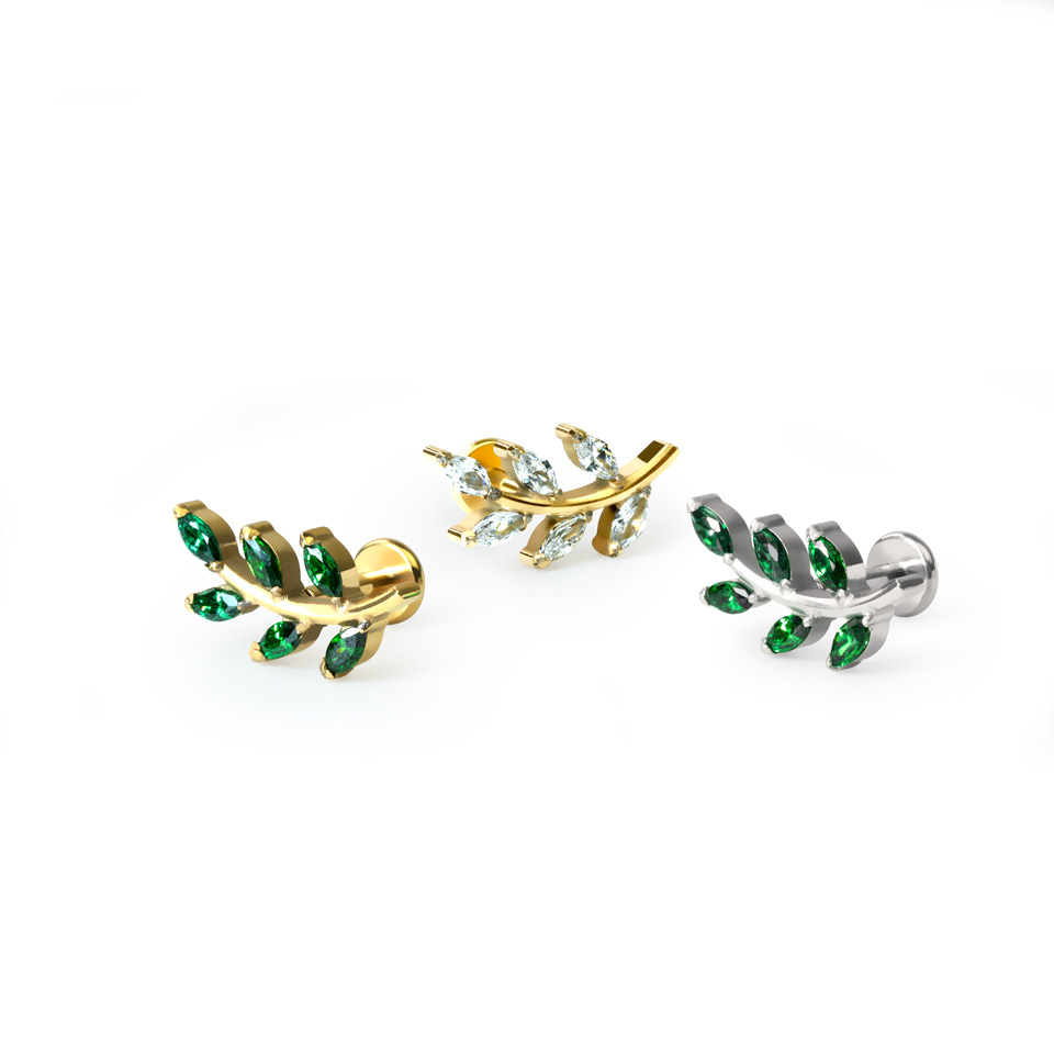 Labret de titanio con hoja y piedras brillantes