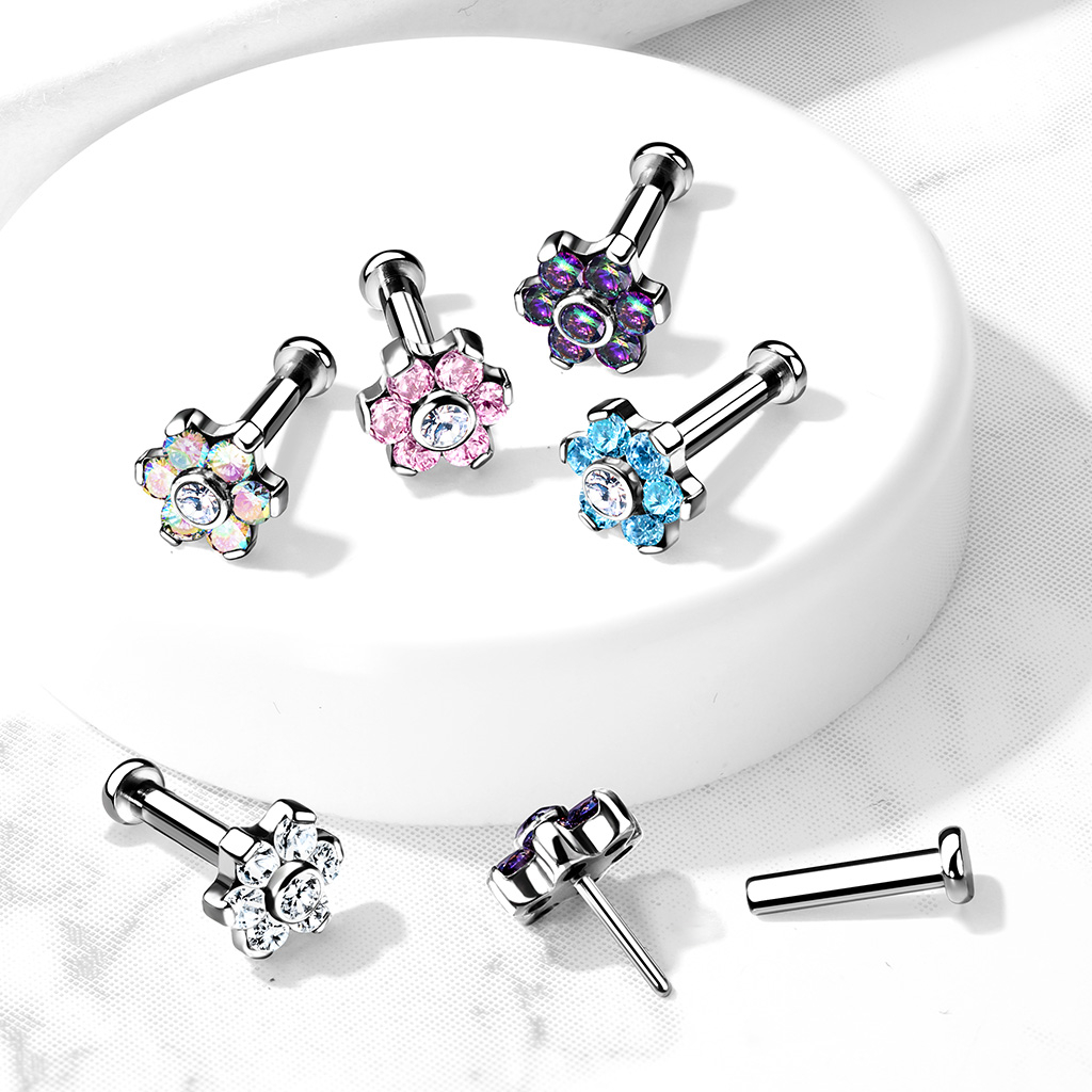 Labret push-in de titanio con flor de brillantes