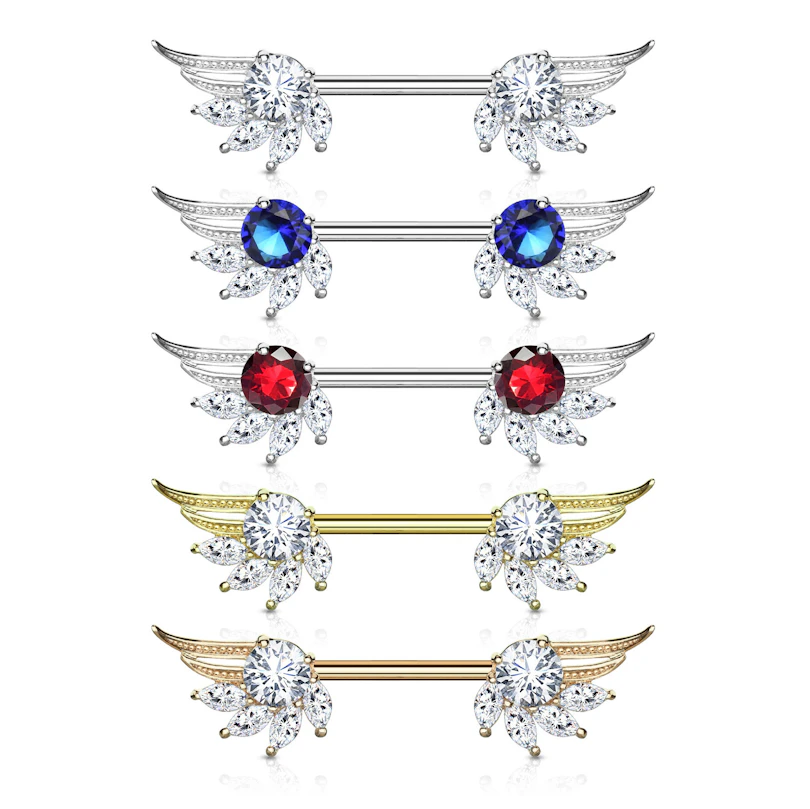 Piercing para el pezón con alas de ángel y brillantes de corte marquesa